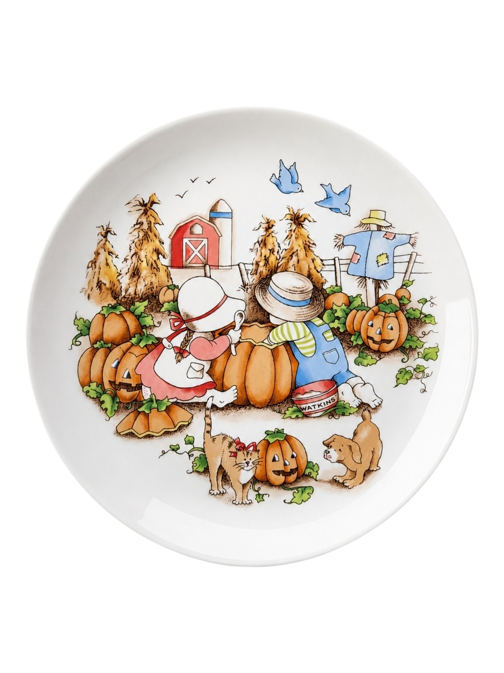 Vintage Watkins Country Kids "Sharing Is Fun" Dessert Plate 1991 Pumpkin Carving